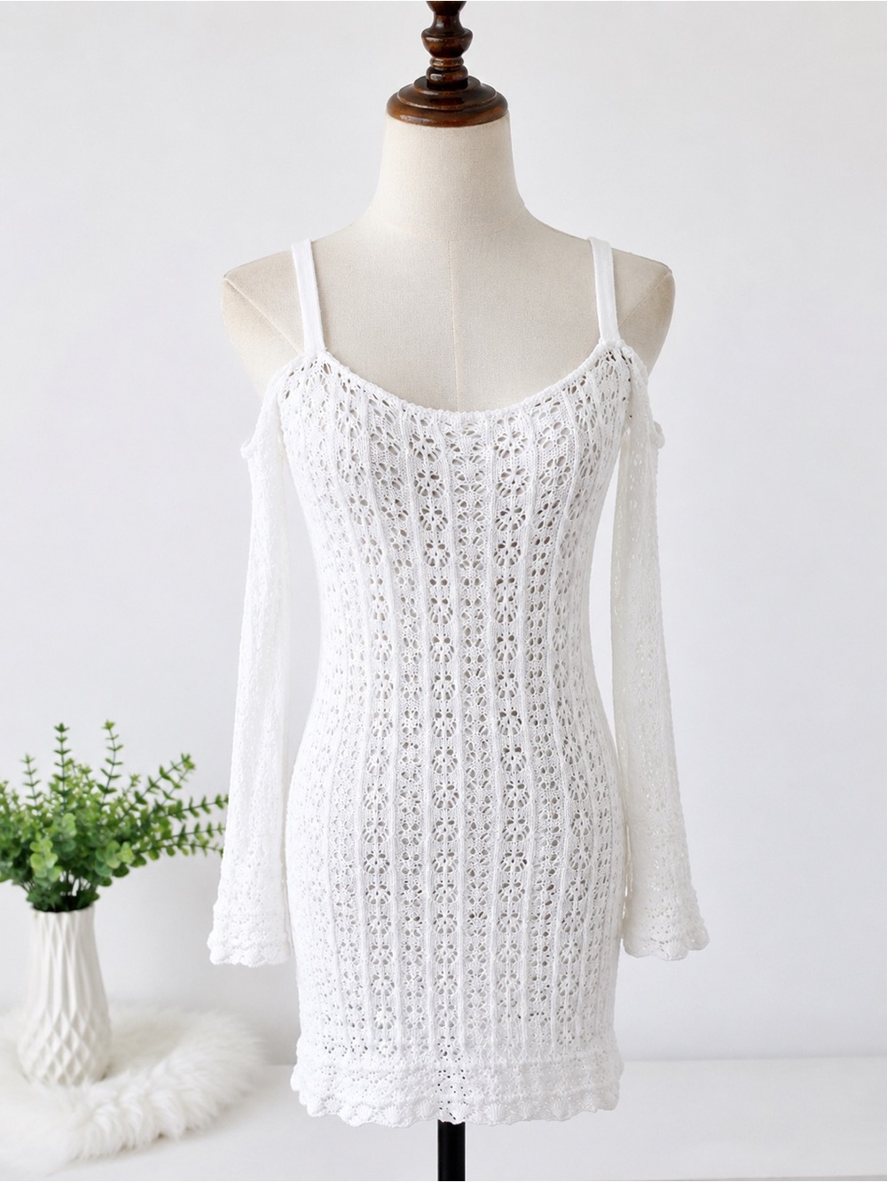 Venus White Crochet Cold Shoulder Lined Cover Up Mini Dress M